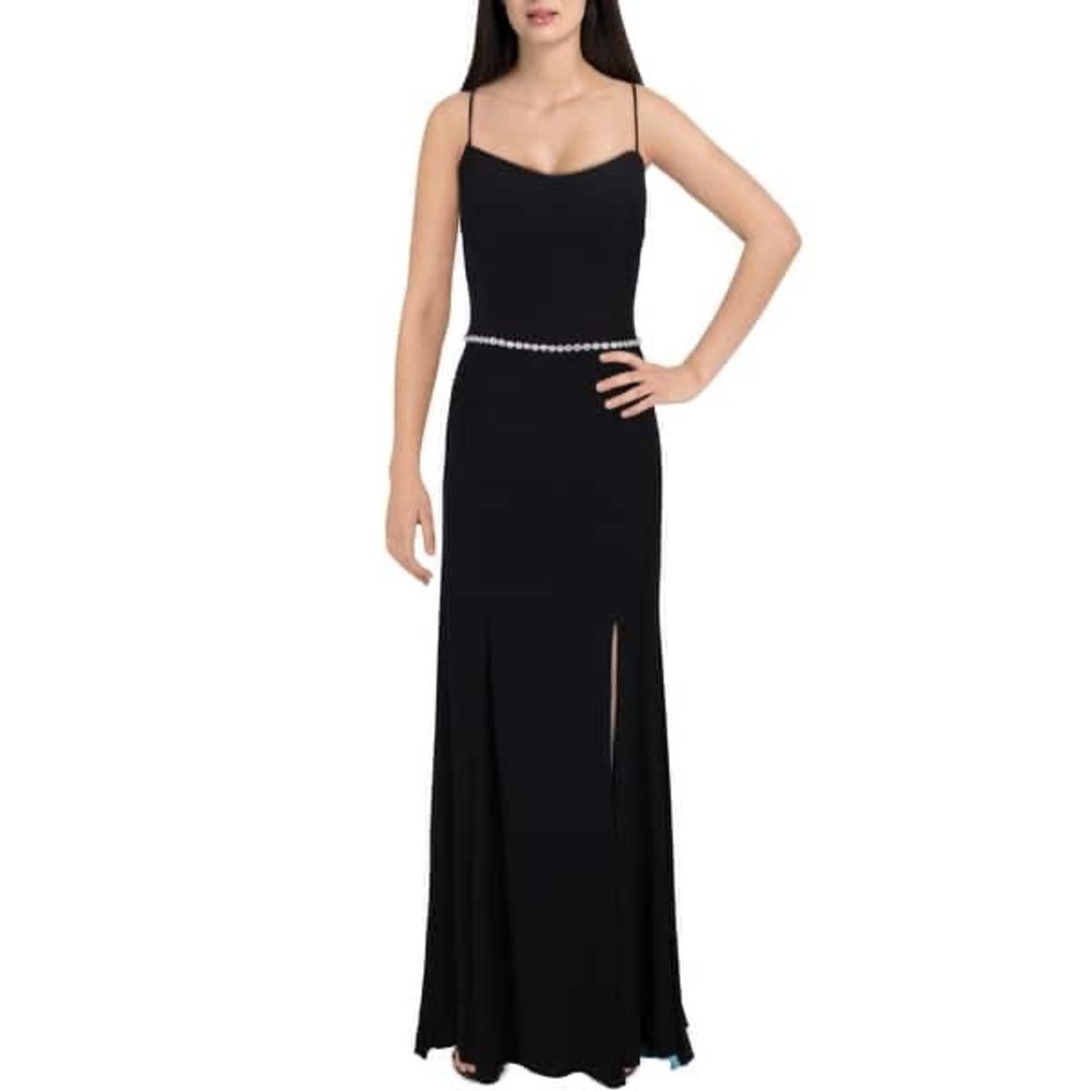 Cachet Black Evening Rhinestone Waist Gown Lace Up Open Back Front Side Slit